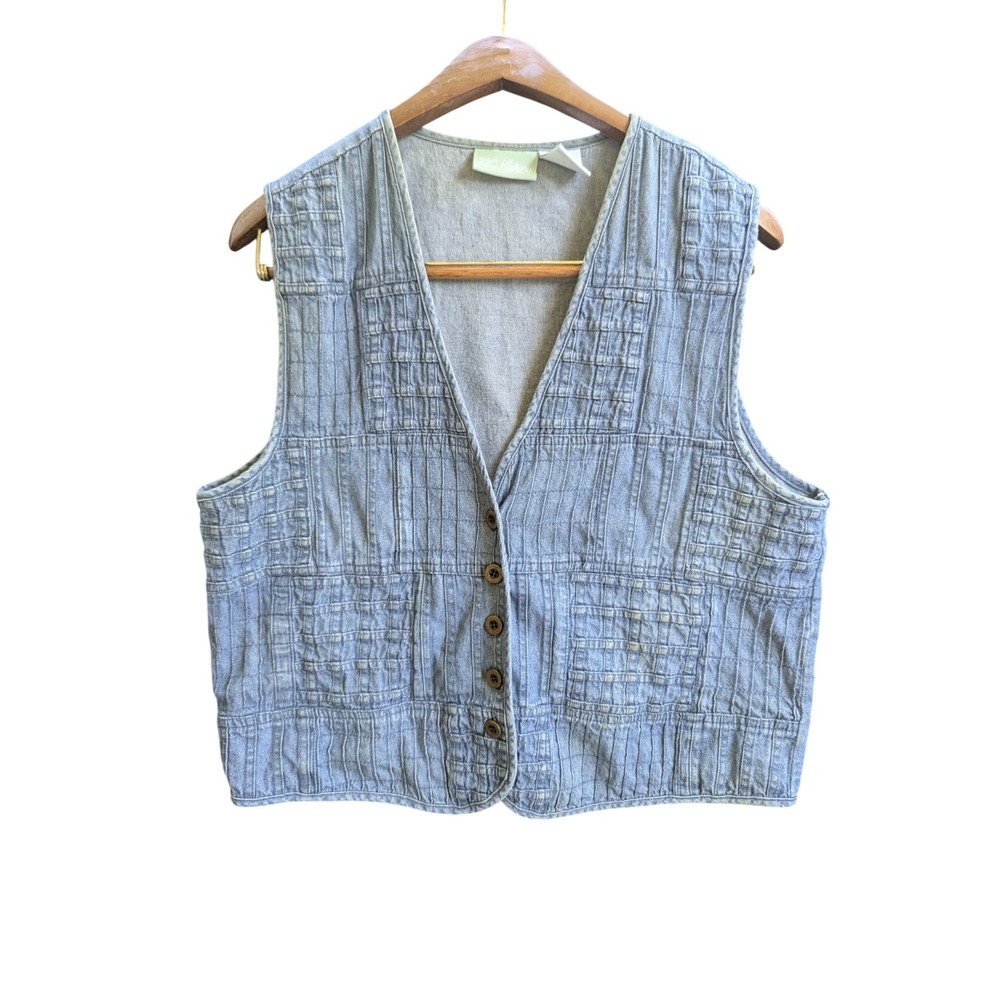 220 Hickory Denim Vest Womens Medium Blue Excellent Boho Quilted Textured Button